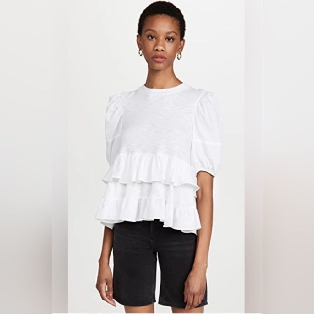 Cinq à Sept Trish Tiered Ruffle Mixed Media Cotton Top size S Crew Neck